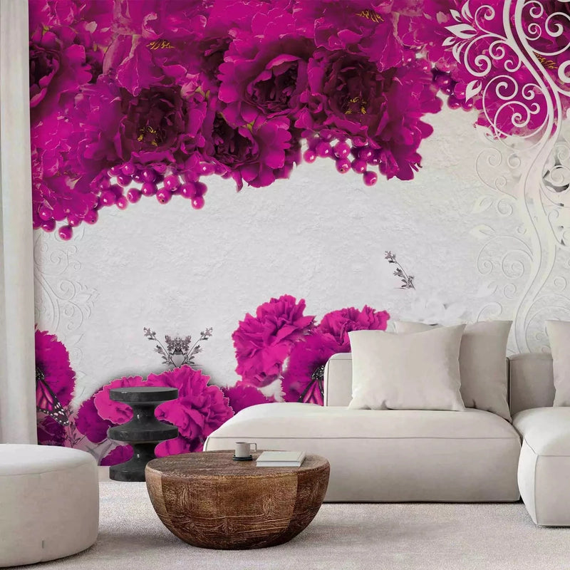 Wall Murals with floral patterns and butterflies in fuchsia color - for interior G-ART