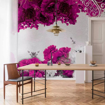 Wall Murals with floral patterns and butterflies in fuchsia color - for interior G-ART