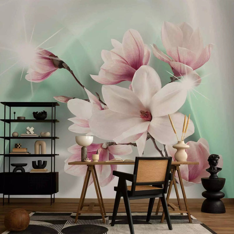 Wall Murals - Magnolia and green rainbow - pink flowers on background G-ART