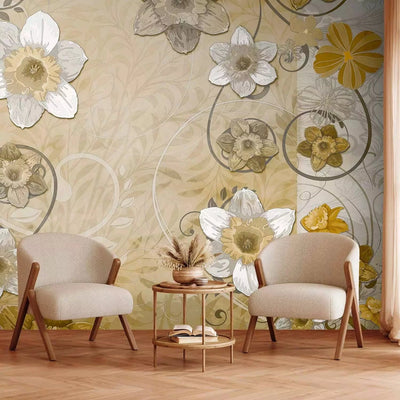 Wall Murals with small stylized flowers in gold color G-ART