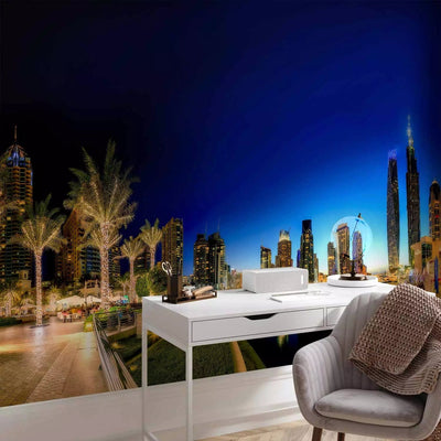 Wall Murals in blue shades with night dubai views on a beautiful berth g-art