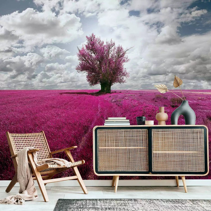 Wall Murals with a lonely pink tree in a meadow landscape - chooseG-ART