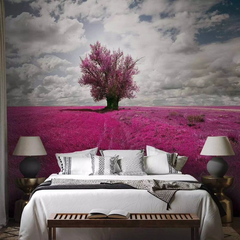 Wall Murals with a lonely pink tree in a meadow landscape - chooseG-ART