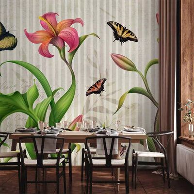 Wall Murals with pink lilies, butterflies and striped background, 60732 G-ART