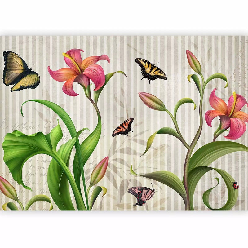 Wall Murals with pink lilies, butterflies and striped background, 60732 G-ART