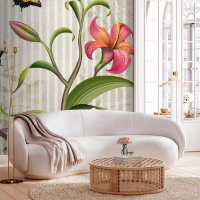 Wall Murals with pink lilies, butterflies and striped background, 60732 G-ART