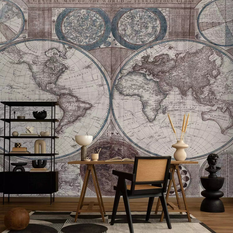 Wall Murals Retro world map in blue tones - 93962 G-ART