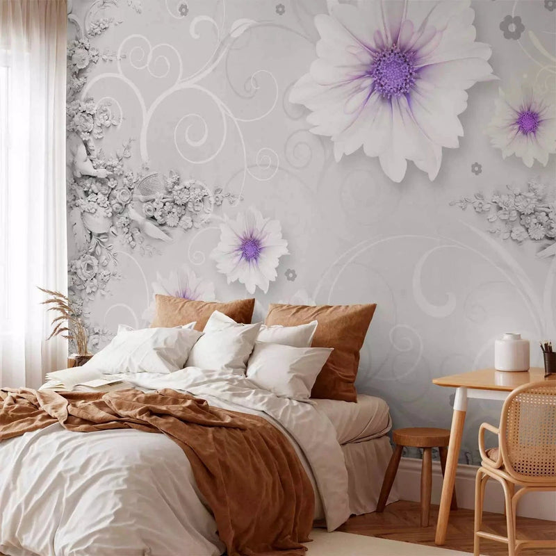 Wall Murals with flowers in white and elements in purple G-ART