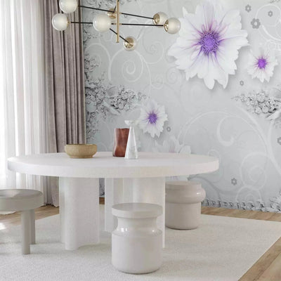 Wall Murals with flowers in white and elements in purple G-ART