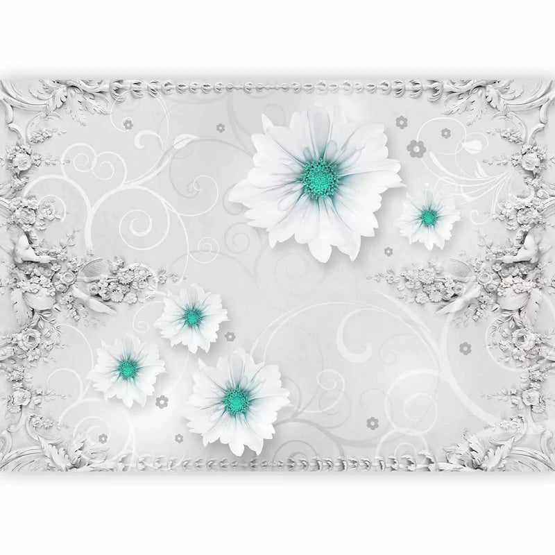 Wall Murals with flowers in white and elements in green G-ART