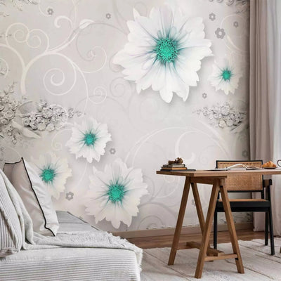 Wall Murals with flowers in white and elements in green G-ART