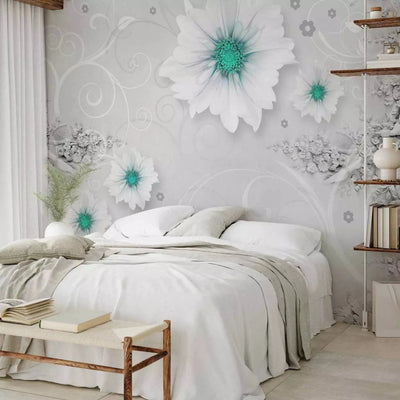 Wall Murals with flowers in white and elements in green G-ART