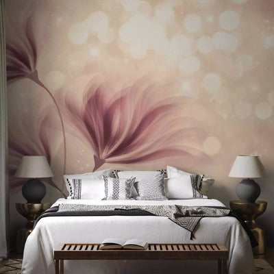 Wall Murals with flowers in the bedroom interior. In soft pink tones G-ART