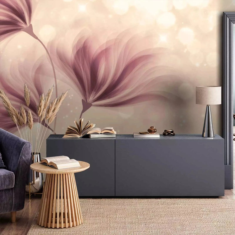 Wall Murals with flowers in the bedroom interior. In soft pink tones G-ART