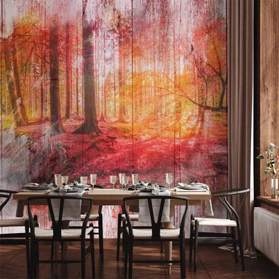 Fototapetes - abstrakcija ar rudens mežu un kokiem, oranžā krāsā G-ART