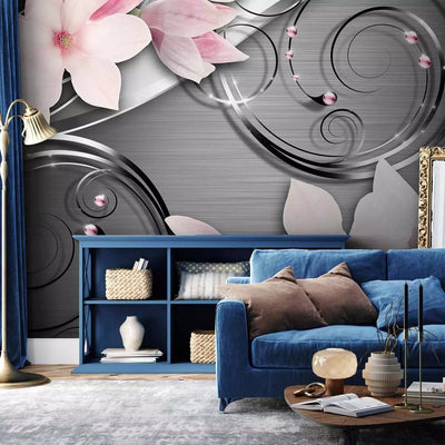 Wall Murals - Pink magnolia flowers on background with metallic effect, 96616G-ART