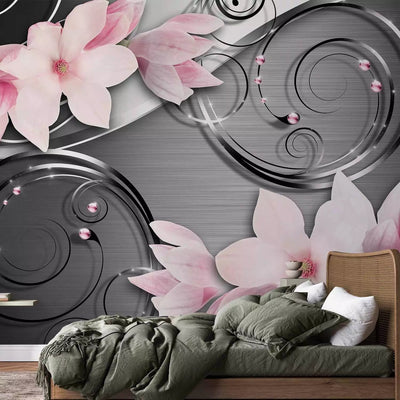 Wall Murals - Pink magnolia flowers on background with metallic effect, 96616G-ART