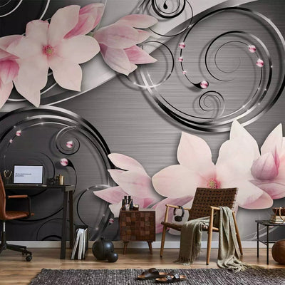 Wall Murals - Pink magnolia flowers on background with metallic effect, 96616G-ART