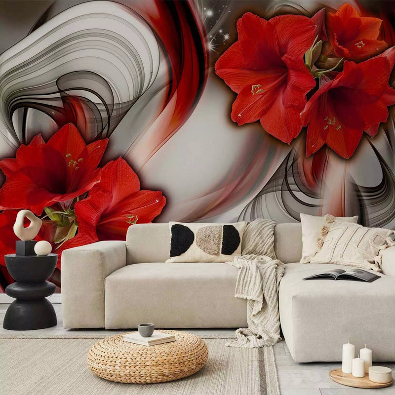 Red amarillis - flowers on the background of abstract with wavy patterns, 64769g -art