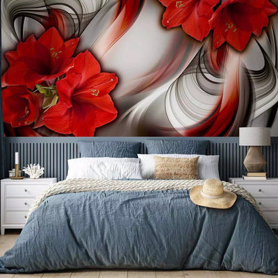 Red amarillis - flowers on the background of abstract with wavy patterns, 64769g -art