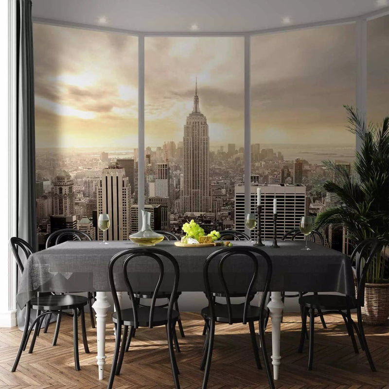 Wall Murals - Wall Murals Overlooking New York from a large window, brown g-art