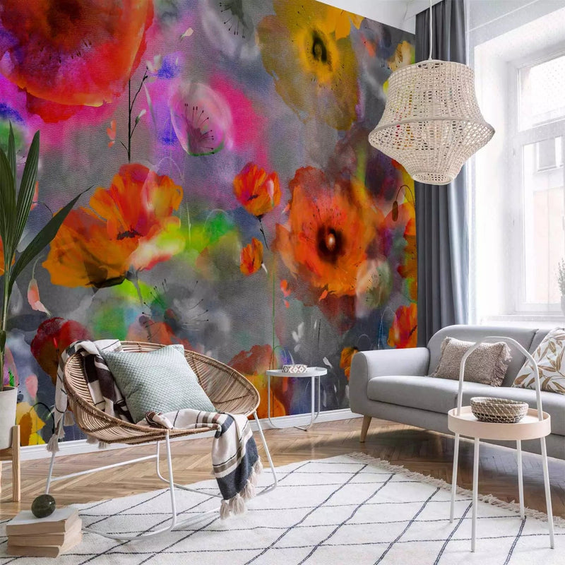 Wall Murals - multicolored poppies drawn with water color, 64403g-art