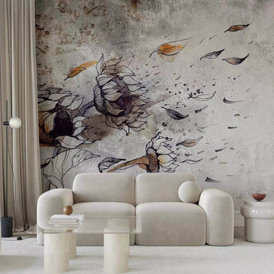 Wall Murals with sunflower in the wind. Gray shades - sunflowers, 60724g -art