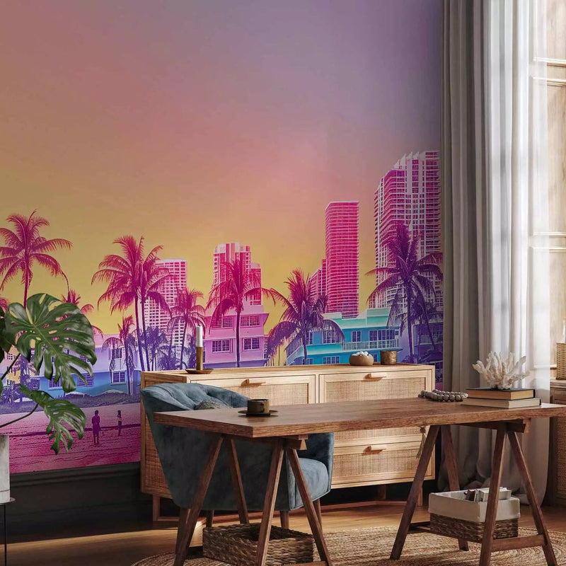 Wall Murals - Sunset on the beach, colourful skyscrapers with palm trees G-ART