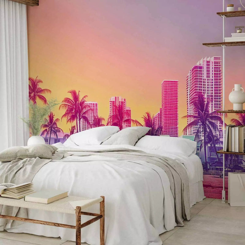 Wall Murals - Sunset on the beach, colourful skyscrapers with palm trees G-ART