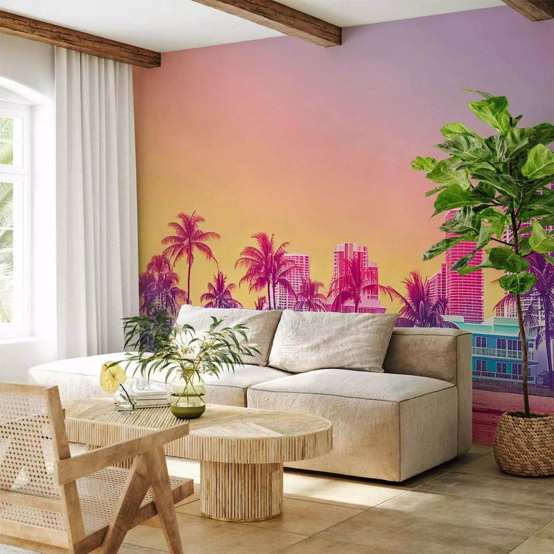 Wall Murals - Sunset on the beach, colourful skyscrapers with palm trees G-ART