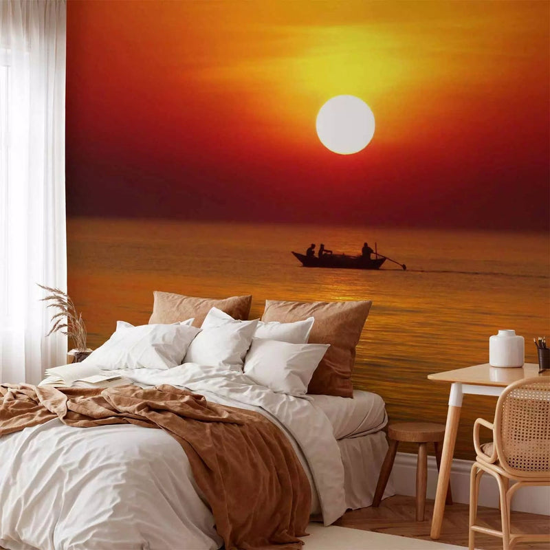 Wall Murals - Sunset and fishing boat, 59924, orange color G-ART