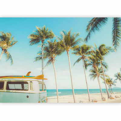 Wall Murals - Surfers' bus with boards on a tropical beach under palm trees G-ART