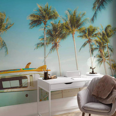 Wall Murals - Surfers' bus with boards on a tropical beach under palm trees G-ART