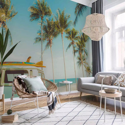 Wall Murals - Surfers' bus with boards on a tropical beach under palm trees G-ART