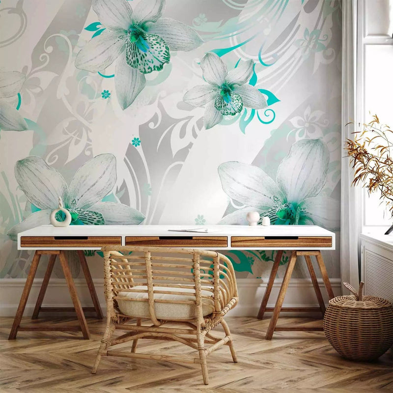 Unusual Wall Murals with turquoise orchids and ornaments, 60455g-art