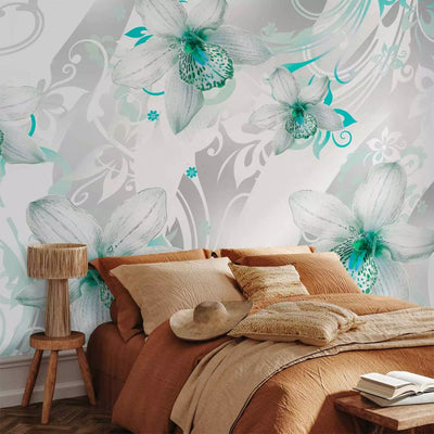 Unusual Wall Murals with turquoise orchids and ornaments, 60455g-art