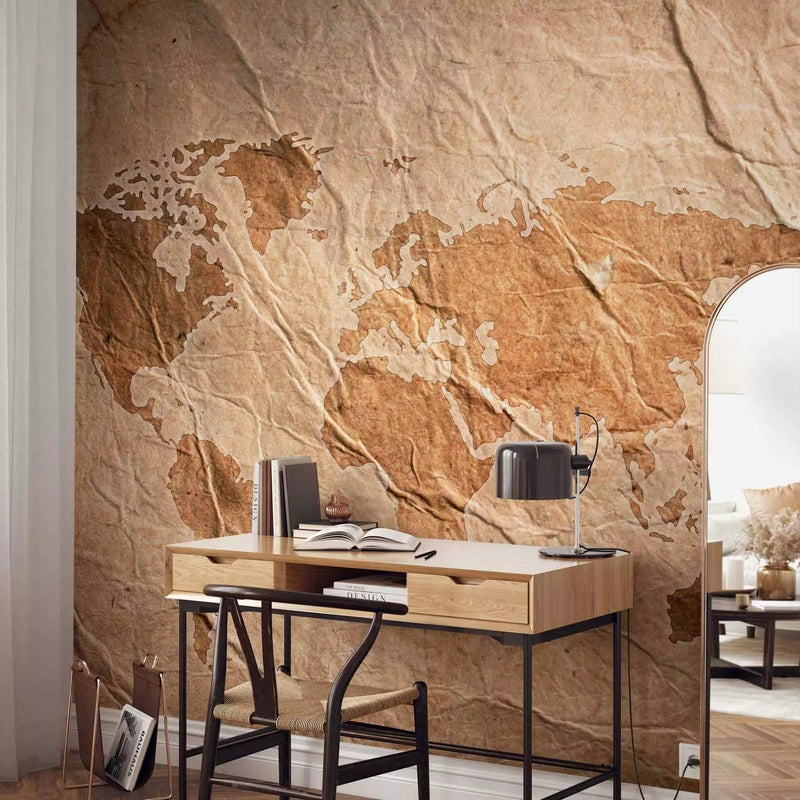 Wall Murals - World map on old parchment base, sand color G-ART