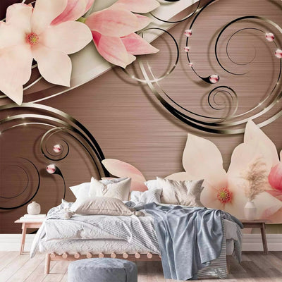 Wall Murals - pink magnolia on brown background and patterns, 97337G-ART