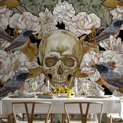 Wall Murals, fantasy motif with birds and skull on a floral background G-ART