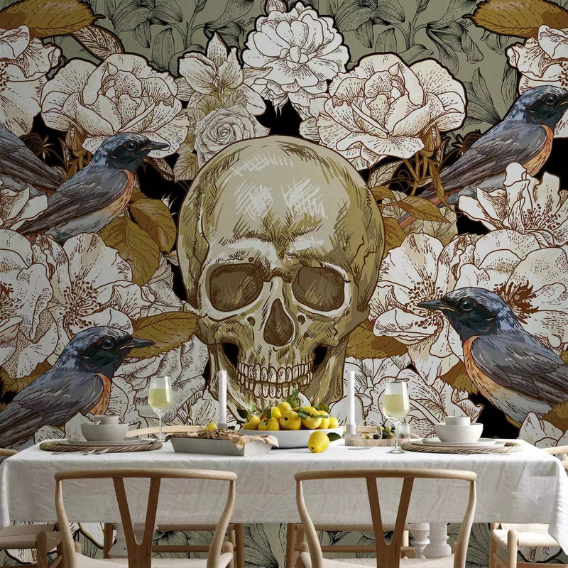 Wall Murals, fantasy motif with birds and skull on a floral background G-ART