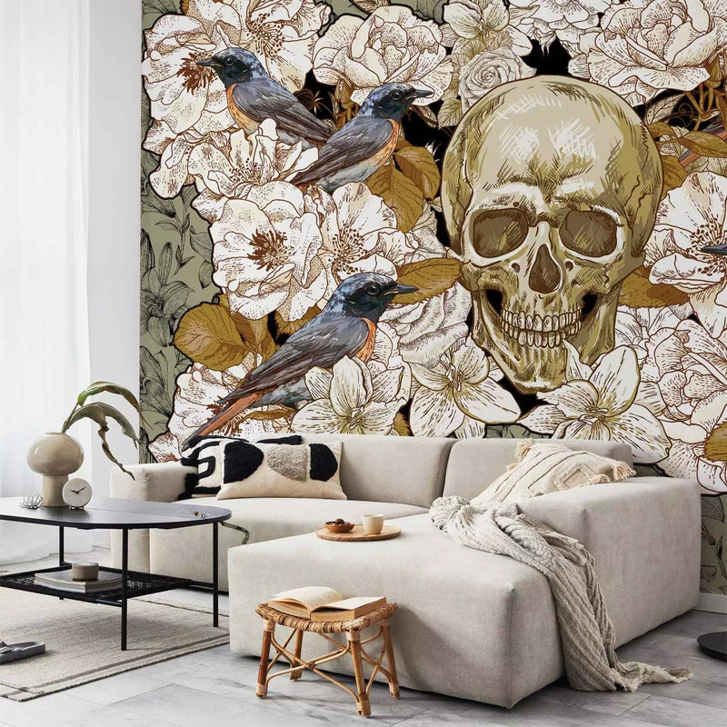 Wall Murals, fantasy motif with birds and skull on a floral background G-ART