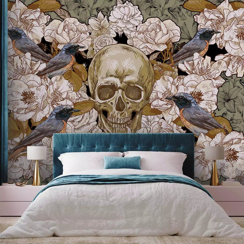 Wall Murals, fantasy motif with birds and skull on a floral background G-ART