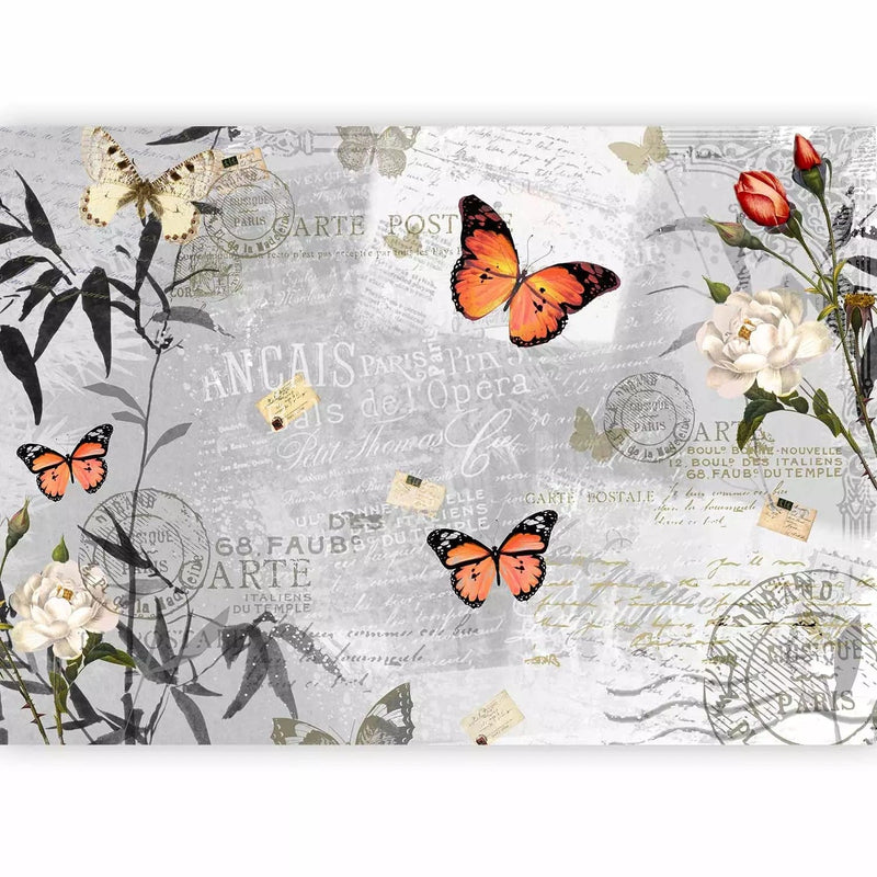 Wall Murals - Butterflies on a gray and white background with inscriptions and flowers G-ART