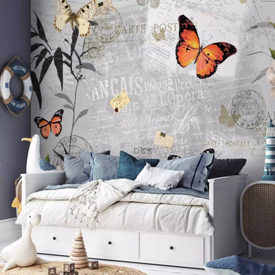 Wall Murals - Butterflies on a gray and white background with inscriptions and flowers G-ART