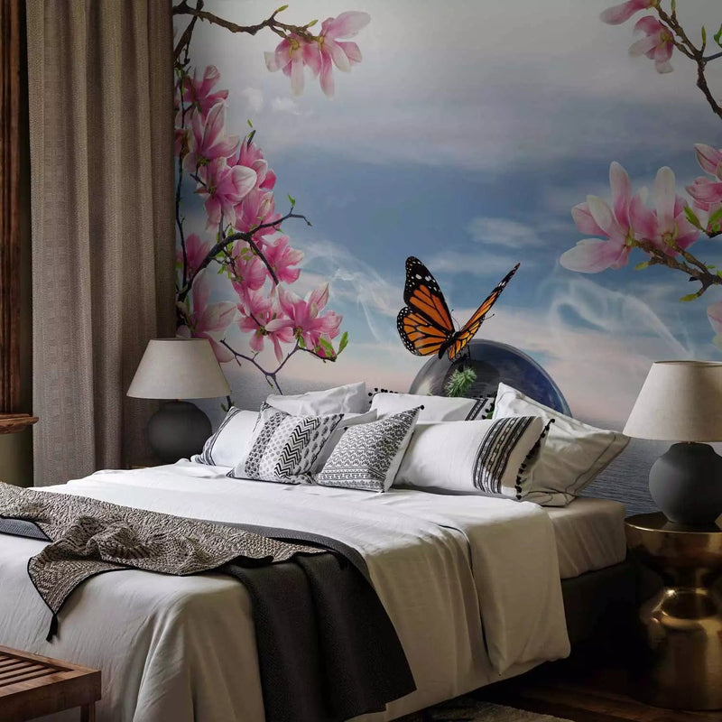 Wall Murals - a butterfly on a ball on a sea and magnolia background, 61301 G-ART