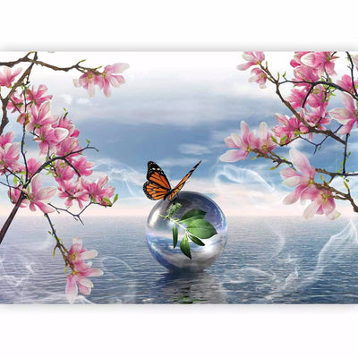 Wall Murals - a butterfly on a ball on a sea and magnolia background, 61301 G-ART