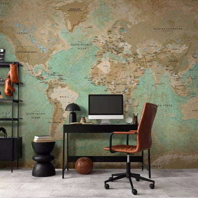 Wall Murals with vintage world map in turquoise tones, 94554G-ART