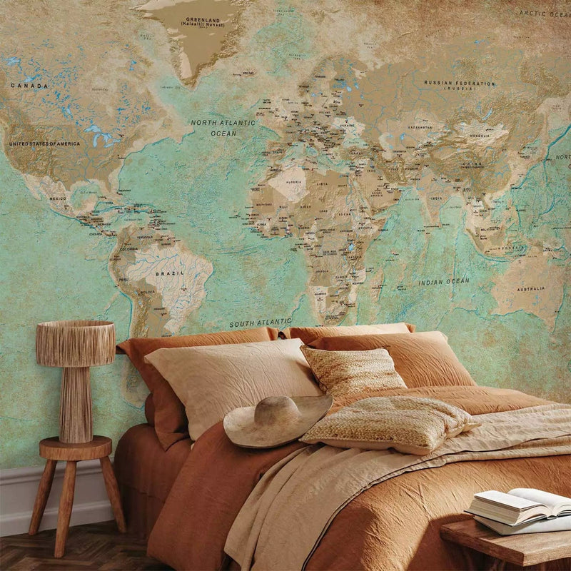 Wall Murals with vintage world map in turquoise tones, 94554G-ART