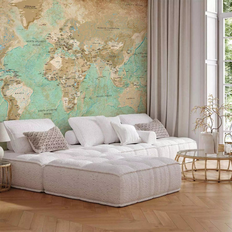 Wall Murals with vintage world map in turquoise tones, 94554G-ART