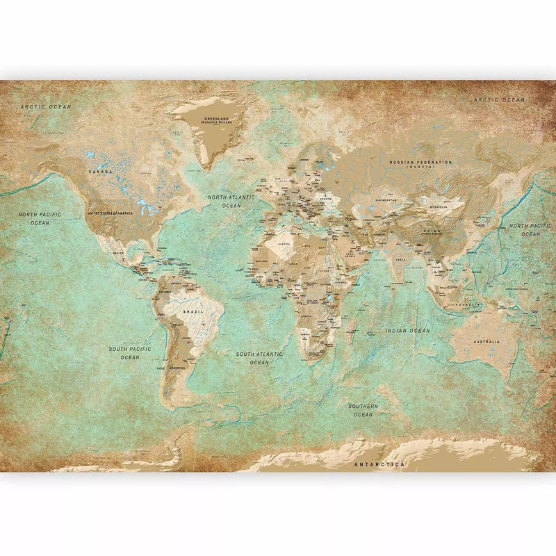 Wall Murals with vintage world map in turquoise tones, 94554G-ART